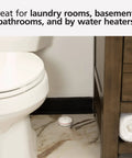 WiFi Water Leak Detector and Freeze Alarm with Alexa Compatibility placed on bathroom floor beside toilet and cabinet.