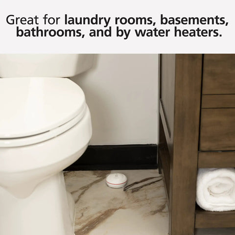 Bathroom corner with 4 Pack WiFi Water Leak Detector and Freeze Alarm for Home, Alexa Compatible, near toilet, battery powered.