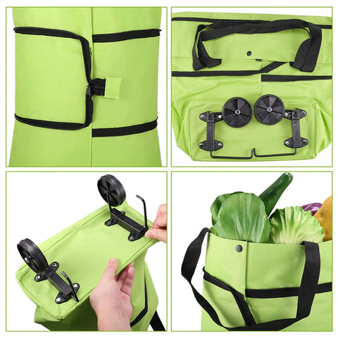 2 In 1 Foldable Shopping Cart With Wheels And Waterproof Tote showing collapsible design, durable frame, and grocery storage.