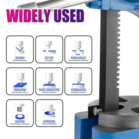 Diagram showing applications like cutting, punching, and shaping with Straight Up Hardcore Manual Arbor Press 2 Ton Heavy Duty Cast Iron Bench Press.