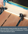 Mini T Track Hold Down Clamps Set Of 4 For Universal T-Track Systems, 3-5/8 Inch Long, 3/4 Inch Wide, installed on workbench
