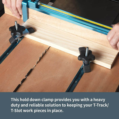 Mini T Track Hold Down Clamps Set Of 4 For Universal T-Track Systems, 3-5/8 Inch Long, 3/4 Inch Wide, installed on workbench