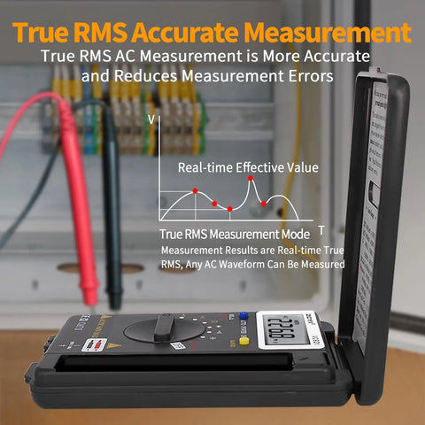 Starter-Friendly Digital Multimeter Card Tester With Auto Ranging 4000 Count showing VRMS reading in electrical panel