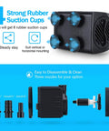 Submersible Fountain Pump 160 GPH 10W with rubber suction cups and three nozzles, shown disassembled for easy cleaning.