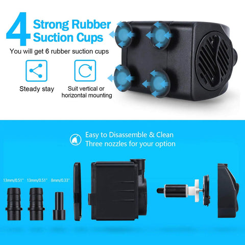 Quiet Submersible Fountain Pump 160 GPH 10W Outdoor Water Pump with four suction cups and three nozzles shown