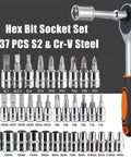 Heavy Duty Drive Socket Set With SAE And Metric Sizes, Ratchet Wrench Kit With S2 And CRV Sockets displayed with ratchet handle