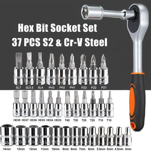 Heavy Duty Drive Socket Set With SAE And Metric Sizes, Ratchet Wrench Kit With S2 And CRV Sockets displayed with ratchet handle