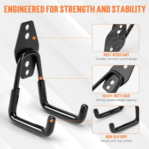 20 Pack Heavy Duty Garage Hooks Set With 7 Sizes And 2 Extension Cord Organizer Straps For Wall Mounted Hanging Bike Ladder Garden Tools Hoses And Ropes Black Finish showing rust-resistant, heavy-duty load, and non-slip grip features.