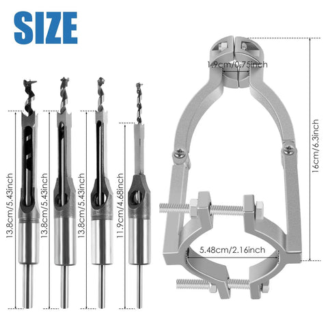 Heavy Duty Square Hole Drill Bit Adapter With Four Precision Bits, Pro Level Mortising Attachment For Drill Press, sizes of bits shown.