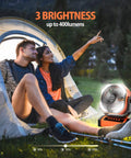Couple camping with 20000mAh Rechargeable Camping Fan with Built In Light and Remote, auto oscillating by a tent at night