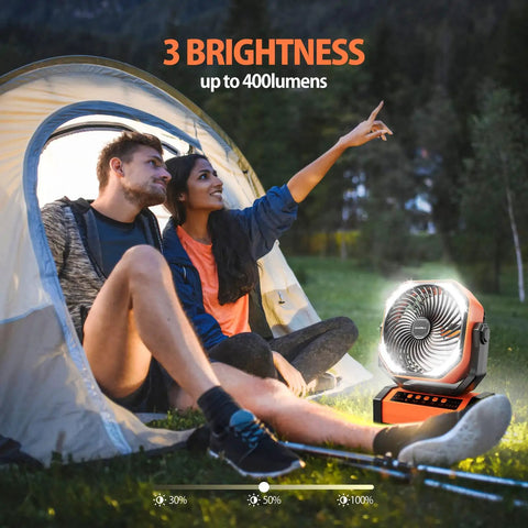 Couple camping with 20000mAh Rechargeable Camping Fan with Built In Light and Remote, auto oscillating by a tent at night
