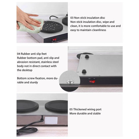 Portable Dual Burner Coffee Warmer With Thick Stainless Steel Plate showing non-stick insulation disc and rubber anti-slip feet.