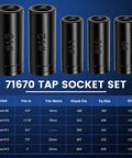 Heavy Duty Tap Socket Set For Tight Spaces With Vinyl Tap Holder Includes Five Sockets From 5/8 To 1 Inch And 16mm To 25mm One Half Inch Drive Tap And Die Sockets Extensions Great For Larger Fractional And Metric Taps, displayed with size chart.