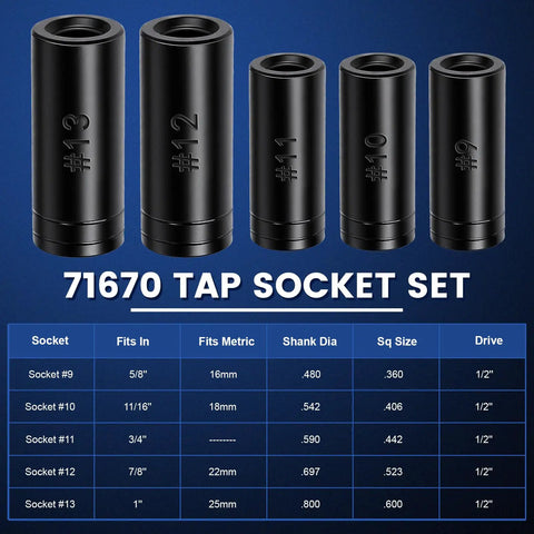 Heavy Duty Tap Socket Set For Tight Spaces With Vinyl Tap Holder Includes Five Sockets From 5/8 To 1 Inch And 16mm To 25mm One Half Inch Drive Tap And Die Sockets Extensions Great For Larger Fractional And Metric Taps, displayed with size chart.
