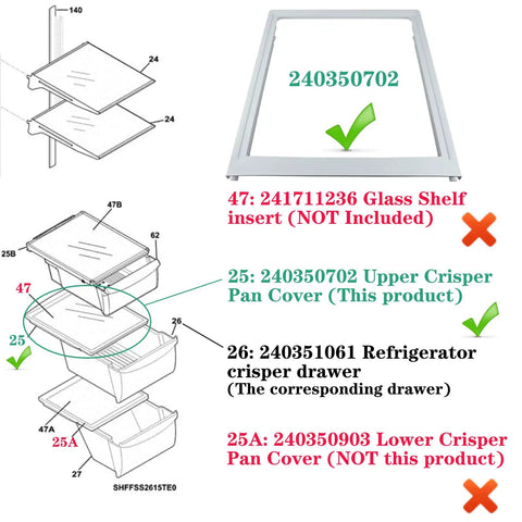Diagram showing fridge parts, highlighting Upgraded Fridge Crisper Pan Cover And Drawer Shelf Frame Replacement 240350702.