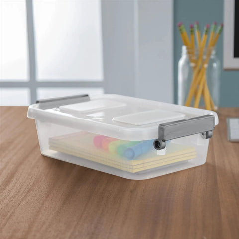 2.7 Quart Clear Plastic Storage Bin With Latching Lid And Write On ID Labels Stackable Modular Organizer For Home Garage Office And Craft Room Gray A Real Game Changer For Busy Homes on a desk