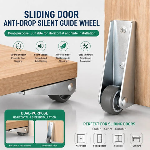 Sliding door with anti-drop silent guide wheel showing installation features and benefits