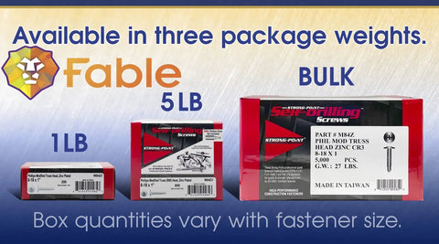 Packaging options for screws: 1lb, 5lb, and bulk boxes with text 'Available in three package weights'.