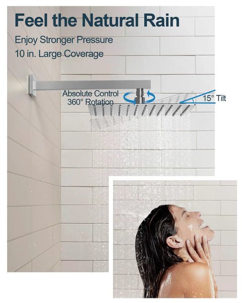 GRANDJOY 10" Rain Shower System with Handheld Spray, Slide Bar, Brushed Nickel, featuring large 10" shower head and adjustable tilt.