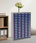 Heavy Duty Steel Parts Cabinet, 75 Drawer Bolt And Nut Sorter With Built In Dividers, grey and blue storage with flowers on top.