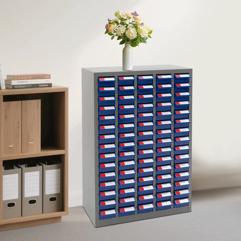 Heavy Duty Steel Parts Cabinet, 75 Drawer Bolt And Nut Sorter With Built In Dividers, grey and blue storage with flowers on top.