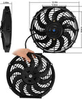 Universal Drop In 12 Inch Electric Radiator Cooling Fan Push Pull Kit Full Mount Hardware 12 Volt 80 Watt 1650 Cfm dimensions displayed