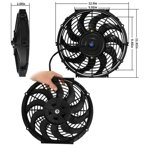 Universal Drop In 12 Inch Electric Radiator Cooling Fan Push Pull Kit Full Mount Hardware 12 Volt 80 Watt 1650 Cfm dimensions displayed