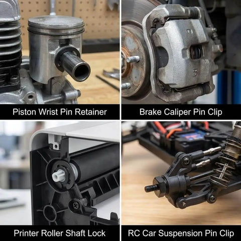 Image showing applications of pin clips: piston wrist pin retainer, brake caliper pin clip, printer roller shaft lock, RC car suspension pin clip.