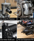 Collage of piston wrist pin retainer, brake caliper pin clip, printer roller shaft lock, and RC car suspension pin clip.