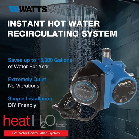 Image of Hot Water Recirculation System with text highlighting water savings, quiet operation, and easy DIY installation.