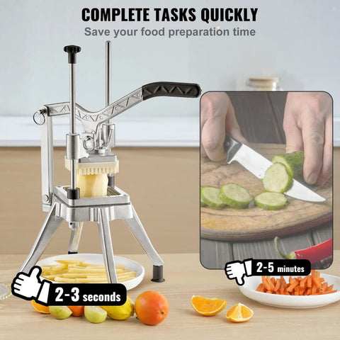 Commercial Vegetable Chopper With Four Replacement Blades, heavy-duty stainless steel cutter slicing potatoes and veggies