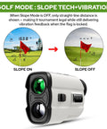 Golf Rangefinder With Slope Switch And Flag Pole Locking Vibration 800 Yard Range 6x Magnification showing on and off modes.