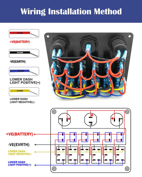 Wiring diagram for Six Gang Marine Rocker Switch Panel Waterproof With Circuit Breakers Digital Voltage Display PD QC3 USB Port