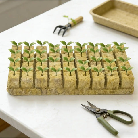 Tray with green seedlings, gardening tools on table, indoors
