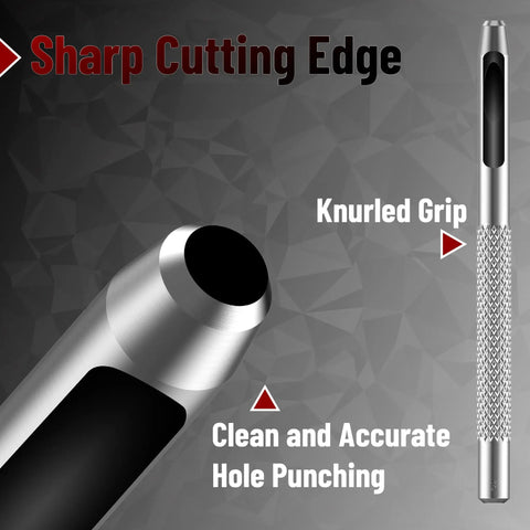Close-up of a steel punch tool with a knurled grip from the Leather Hole Punch Set With Hollow Punch Tools, Six Steel Punches From 1.5Mm To 4Mm For Leather Crafting.