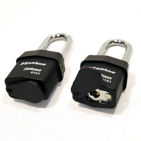 Front view of two black Four Beefy High Security Pro Series Padlocks Model 6121NKALF4 with open cover displaying bumpstop technology.