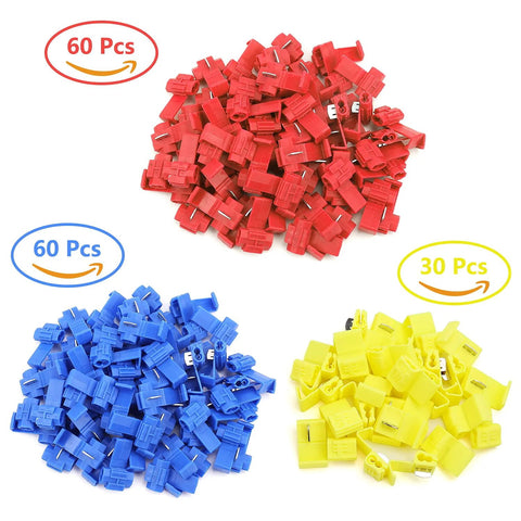 Quick-splice insulated wire connectors in red, blue, and yellow (60 red, 60 blue, 30 yellow) for 22-10 AWG.