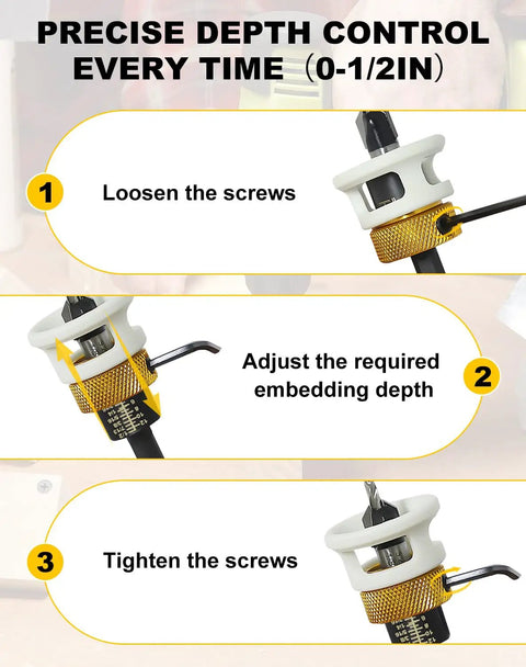 Precise depth control steps for Carbide Tipped Countersink Drill Bit Set With Low Friction Depth Stop And Adjustable Pilot Quarter Inch Quick Change Hex Shank