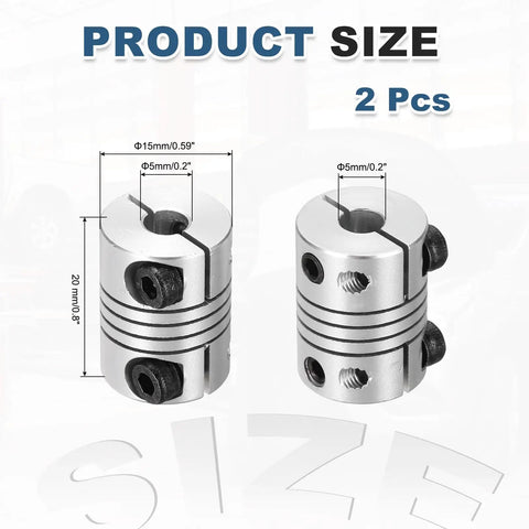 Two Pack 5 To 5mm Flexible Shaft Couplers 20mm Length 15mm Diameter Aluminum Alloy Clamp Joint Connectors For Stepper Motors