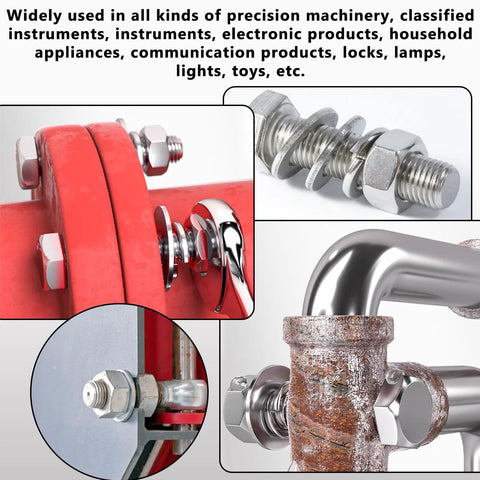 Spring lock washer assortment kit, 304 stainless steel, 1000 pcs, M2–M12 sizes; collage with bolts and fittings