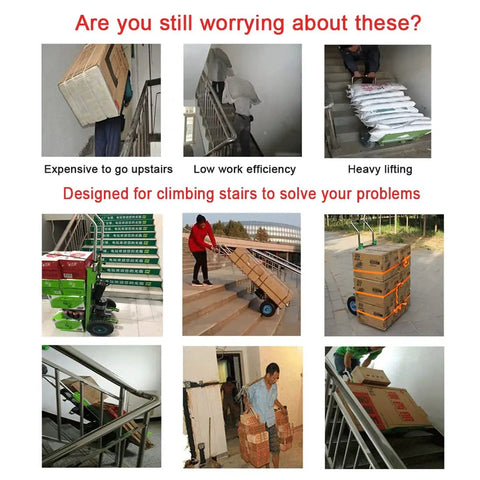 Heavy Duty Electric Stair Climbing Trolley With 1200W Motor Makes Moving Piles Of Furniture And Heavy Gear Up Or Down Steps A Total Breeze While Offering 280KG Load Capacity And Smooth Stepless Speed Control For Any Job. User maneuvering trolley up stairs with cardboard boxes.