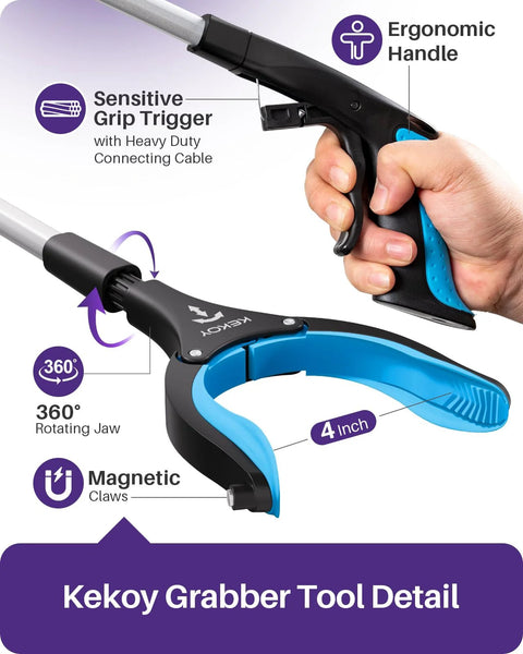 Kekoy 36-inch reacher grabber with blue ergonomic handle, 360° rotating jaw, and magnetic 4-inch wide claw