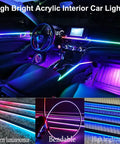 Acrylic Interior Car Led Lighting Kit With Remote And Wireless App showing vibrant colors in car dashboard and doors.