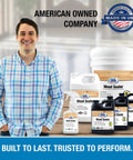 Man standing beside bottles and pails of Wood Sealer Spray For Outdoor Wood Protection, 16 Oz Hydrophobic Water Repellent Finish