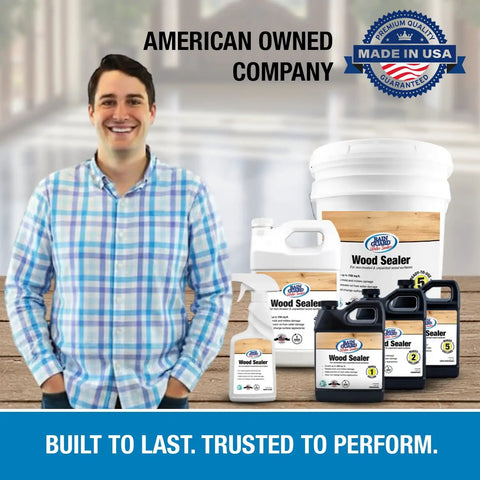 Man standing beside bottles and pails of Wood Sealer Spray For Outdoor Wood Protection, 16 Oz Hydrophobic Water Repellent Finish