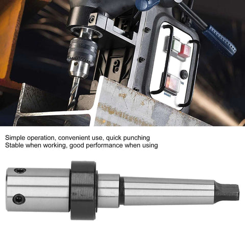 Annular cutter arbor for drill press, MT3 to 3/4 in Weldon shank with coolant system, shown in a magnetic drill setup.