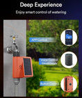 Dope Solar WiFi Sprinkler Timer With Flow Monitor for garden hose showing app, voice, and button controls for smart irrigation