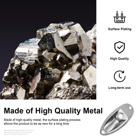 Slick Chrome Boat Style Guitar Output Jack Plate For Mono Electric Tone With Tight Grip Mounting Screws Solid Build Dope Finish Fender Strat Ready Hassle Free Upgrade shown on a high-quality metal surface.