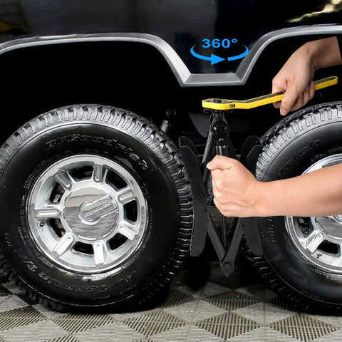 Heavy Duty RV Wheel Chock Stabilizer Two Pack For Campers And Travel Trailers Adjustable 3.5 To 12 Inch Anti Move X Shaped Tire Lock Cast Iron With Zinc Finish Keeps Your Rig Steady While Parked installed between tires