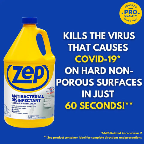 Zep antibacterial disinfectant cleaner lemon scent with 1 gallon bottle, kills 99.9% germs including MRSA and HIV in 60 seconds.